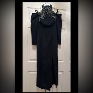 Black Embellished Cold-Shoulder Evening Dress